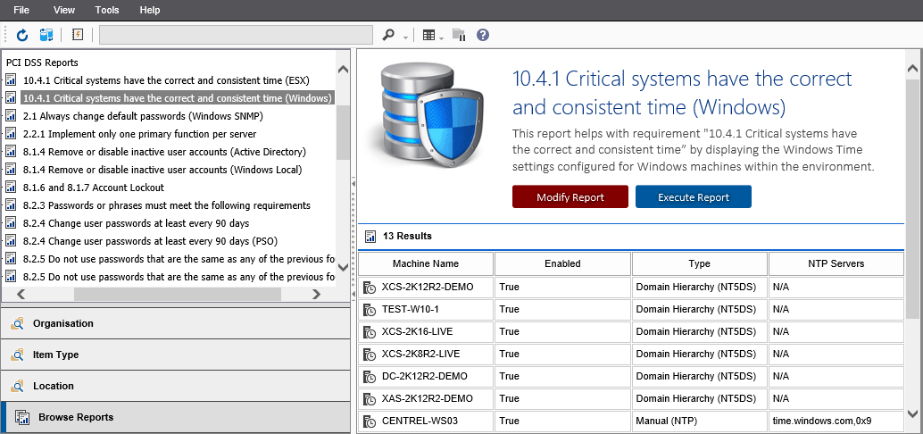 'Screenshot showing the 10.4.1 Critical systems have the correct and consistent time (Windows) report output in the XIA Configuration web interface