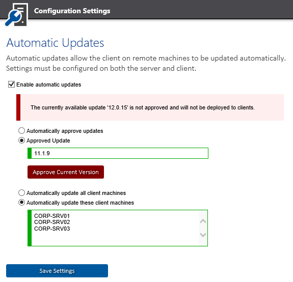 Automatic updates settings screenshot