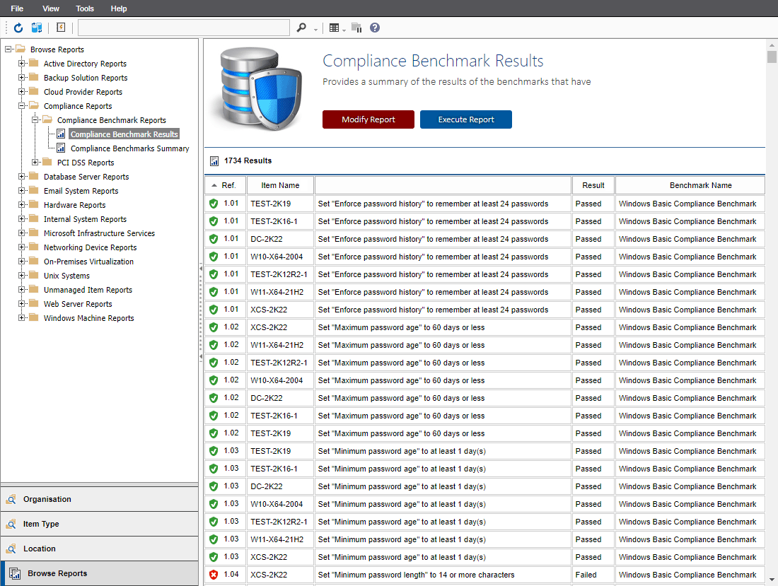 Screenshot of Compliance Benchmark results in the XIA Configuration web interface