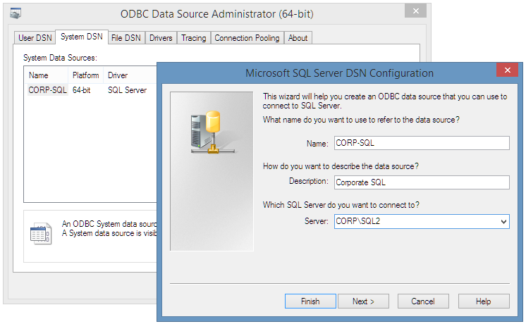 Screenshot showing the ODBC data source server name