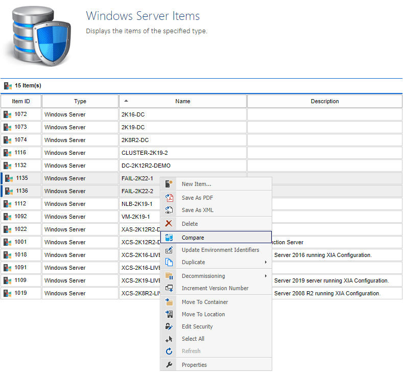 Screenshot showing two Windows servers selected in the XIA Configuration web interface