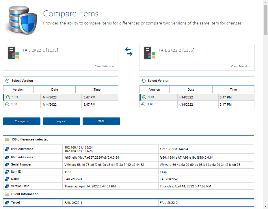 Screenshot showing the differences between the configuration of two Windows servers in the XIA Configuration web interface