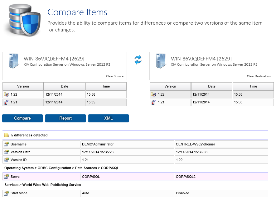 Screenshot showing comparison results in the XIA Configuration web interface