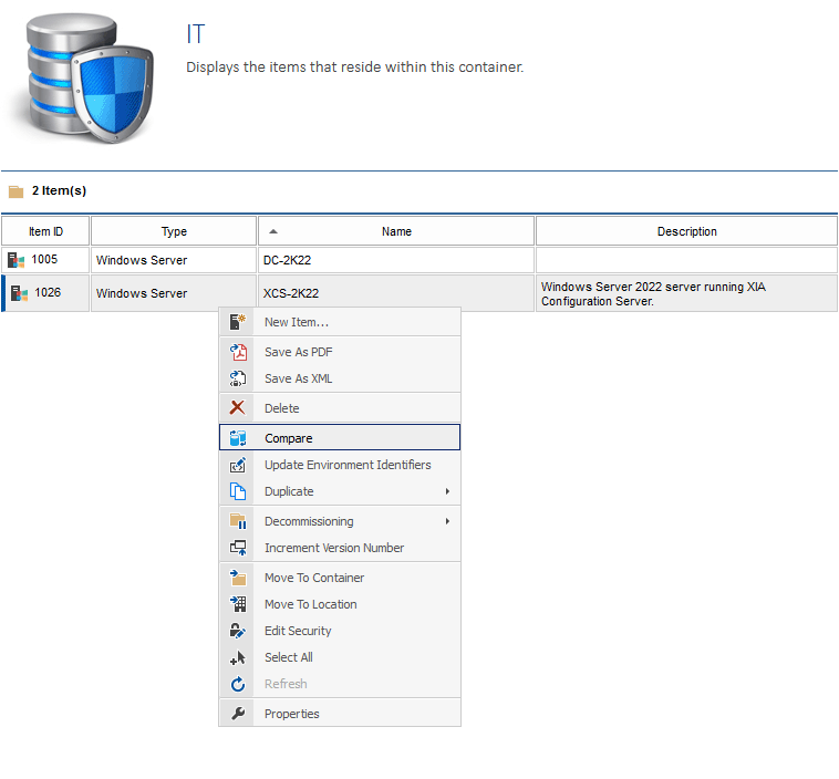 Screenshot showing the Compare feature in the XIA Configuration web interface