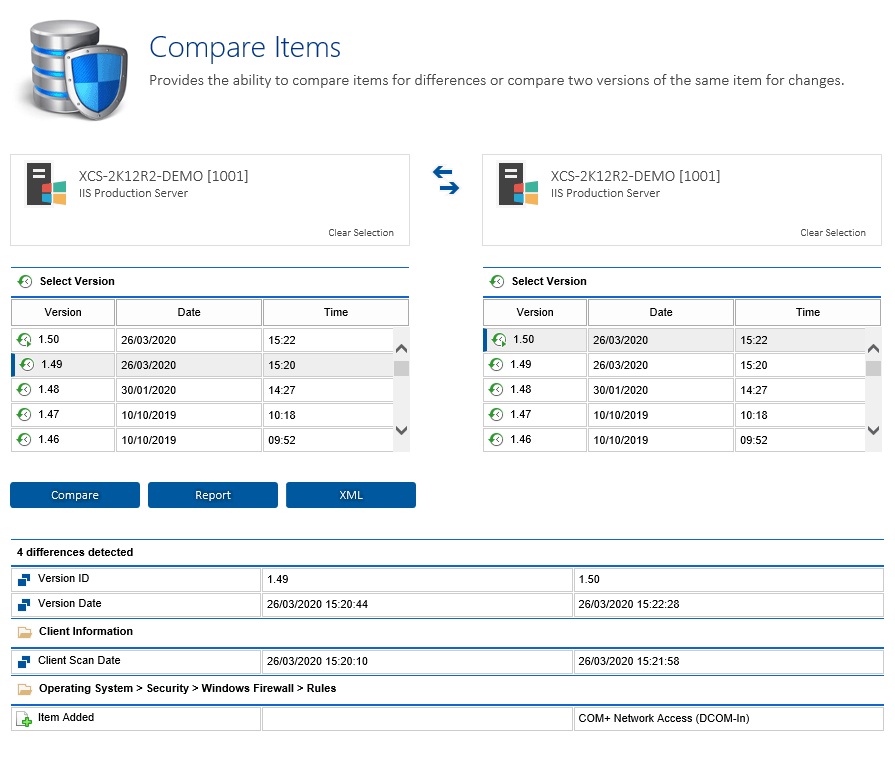 Screenshot showing comparison results in the XIA Configuration web interface