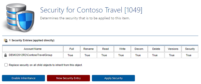 A screenshot showing security entries for a customer in the XIA Configuration web interface