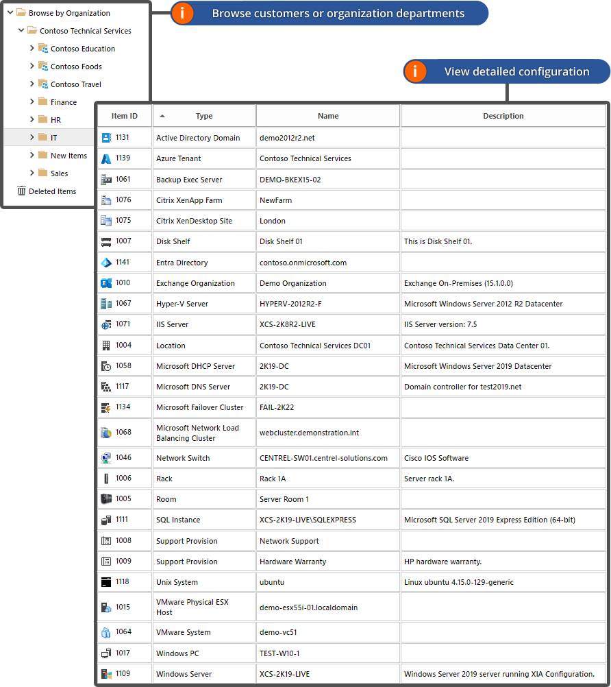 Screenshot showing inventory information in the XIA Configuration web interface