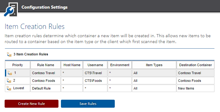 Screenshot showing Item Creation Rules in the XIA Configuration web interface