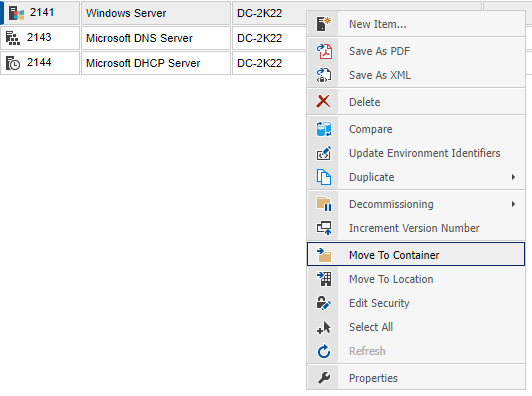 Screenshot showing Move to Container option in the XIA Configuration web interface