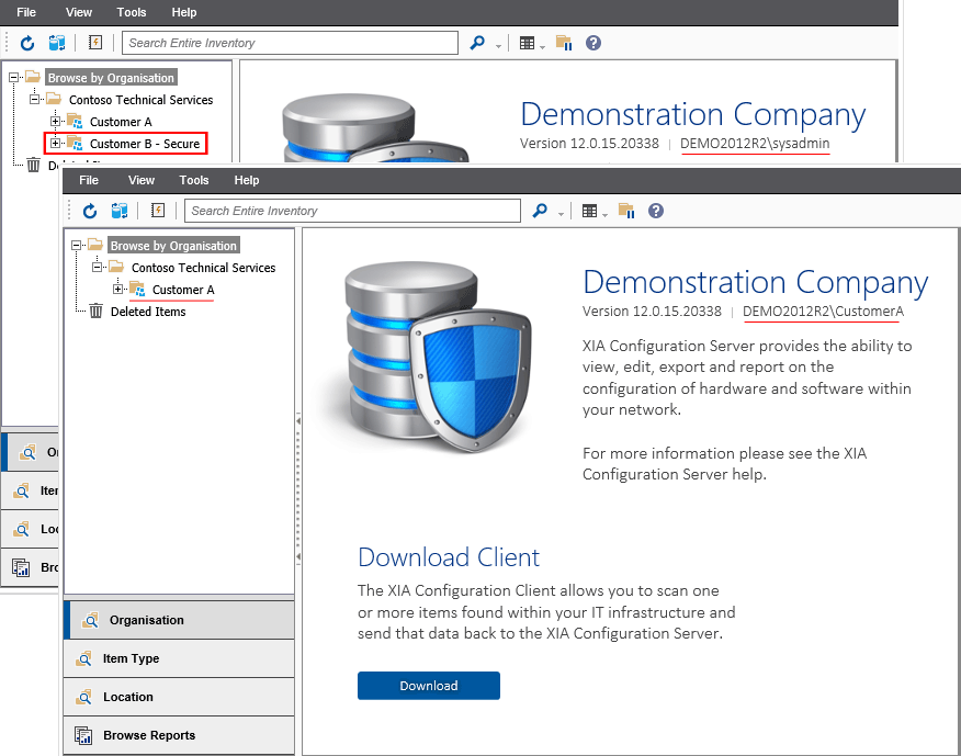 Screenshot demonstrating that customer A cannot see customer B's data in the XIA Configuration web interface