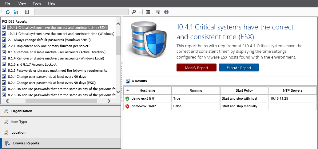 'Screenshot showing the 10.4.1 Critical systems have the correct and consistent time (ESX) report output in the XIA Configuration web interface