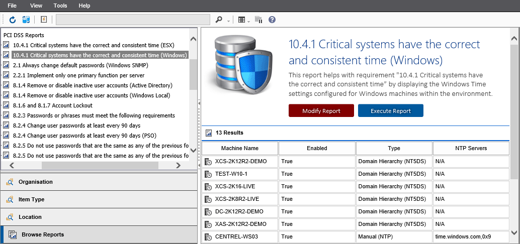 'Screenshot showing the 10.4.1 Critical systems have the correct and consistent time (Windows) report output in the XIA Configuration web interface