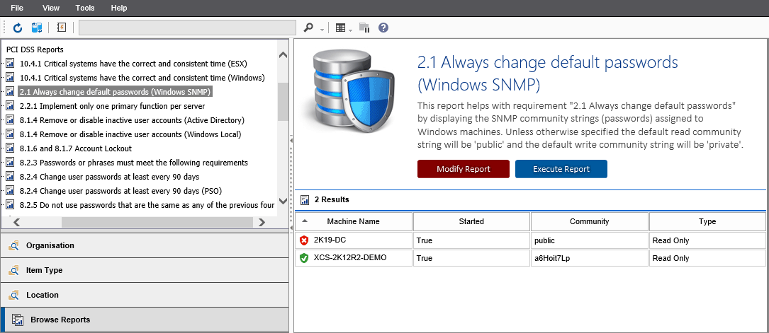 Screenshot showing the 2.1 Always change default passwords (Windows SNMP) report output in the XIA Configuration web interface