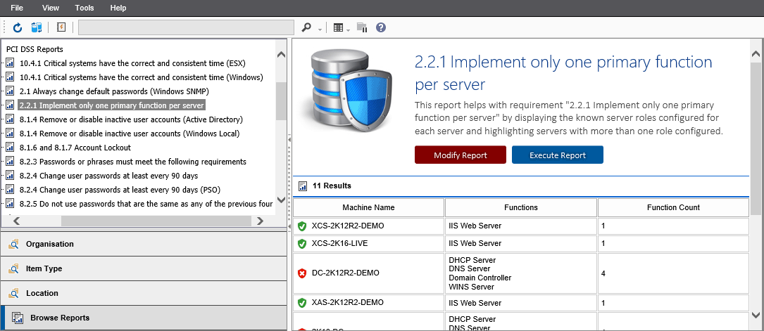 Screenshot showing the 2.2.1 Implement only one primary function per server report output in the XIA Configuration web interface