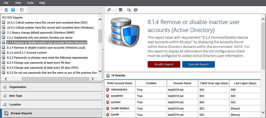 Screenshot showing the 8.1.4 Remove or disable inactive user accounts (Active Directory) report output in the XIA Configuration web interface