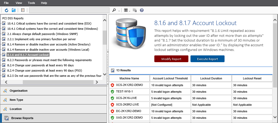 Screenshot showing the 8.1.6 and 8.1.7 Account Lockout report output in the XIA Configuration web interface