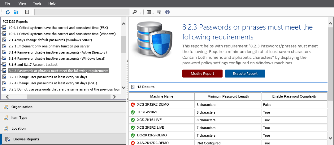 Screenshot showing the 8.2.3 Passwords or phrases must meet the following requirements report output in the XIA Configuration web interface