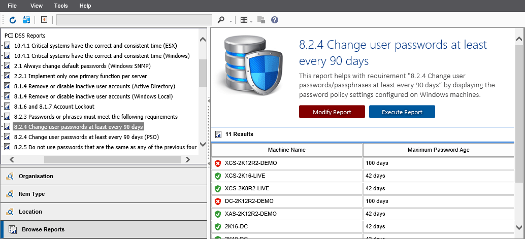 Screenshot showing the 8.2.4 Change user passwords at least every 90 days report output in the XIA Configuration web interface