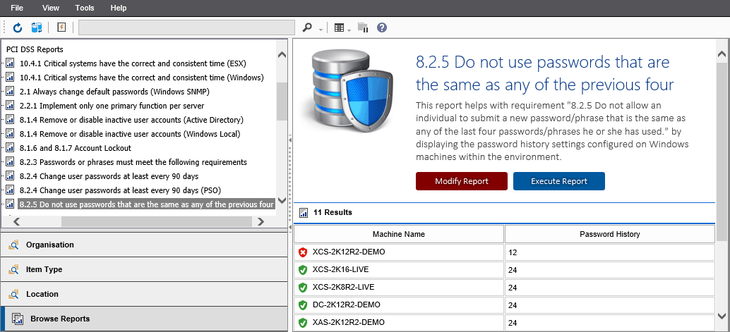 Screenshot showing the 8.2.5 Do not use passwords that are the same as any of the previous four report output in the XIA Configuration web interface