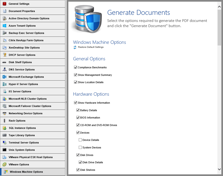 Screenshot showing Windows Machine document generation options in the XIA Configuration web interface