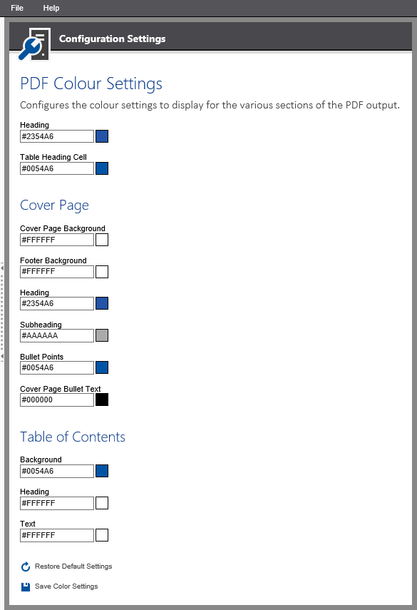 PDF output colour settings