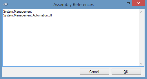 Screenshot showing assembly references in the plugin code editor