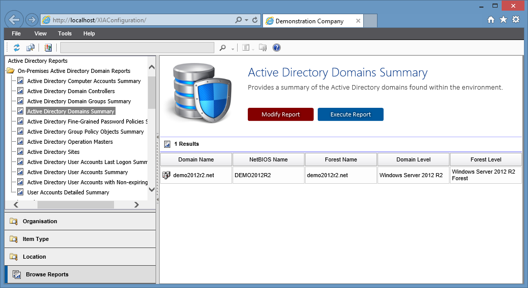 Screenshot of the Active Directory Domains Summary Report in the XIA Configuration web interface