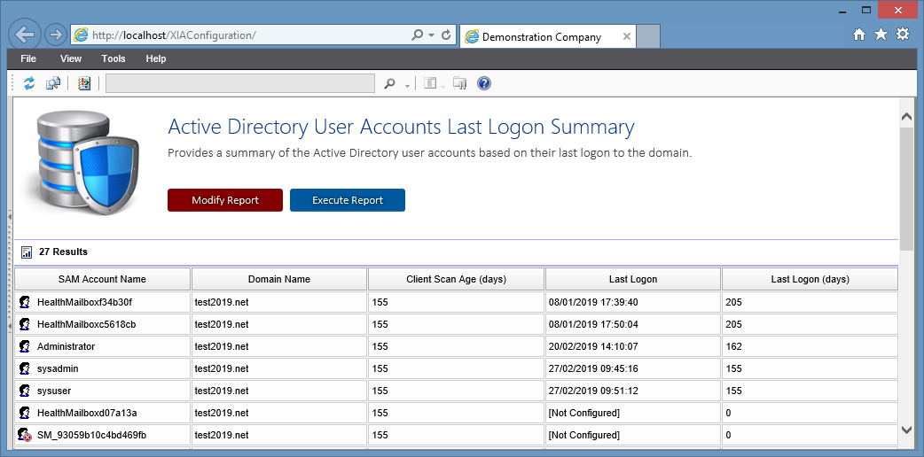 Screenshot of the Active Directory User Accounts Last Logon Summary Report in the XIA Configuration web interface