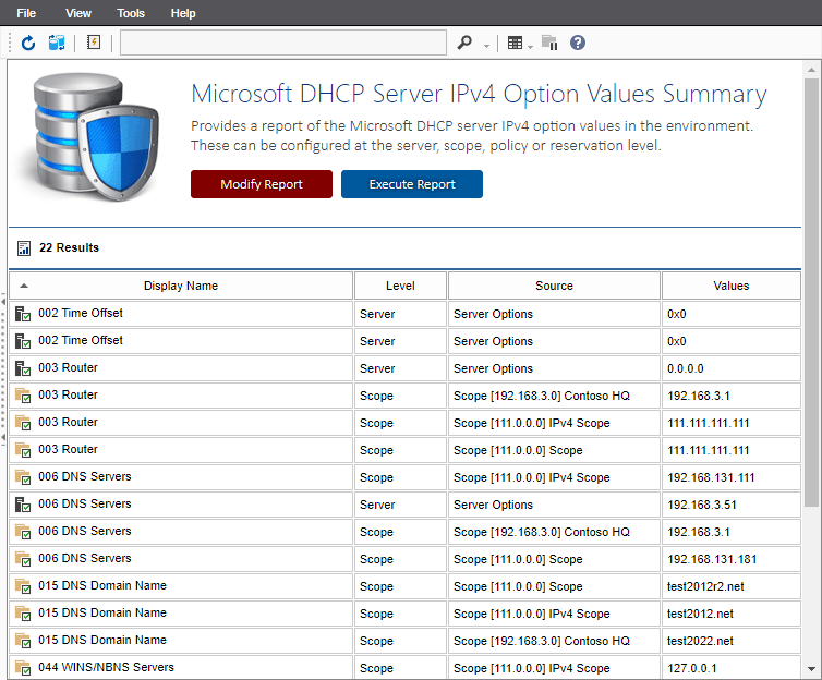 Screenshot of the DHCP IPv4 option values report in the XIA Configuration web interface