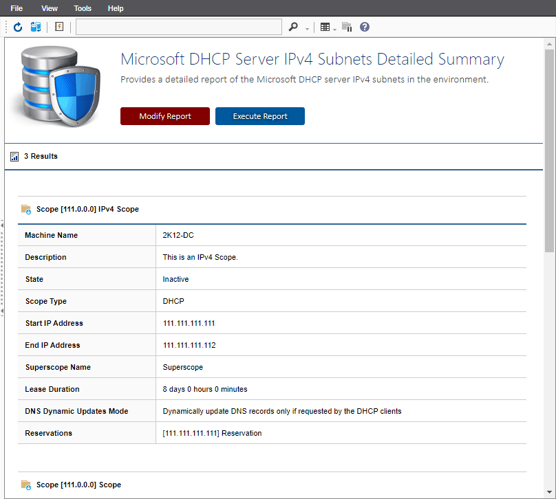 Screenshot of the DHCP IPv4 subnets detailed summary report in the XIA Configuration web interface