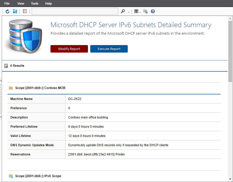 Screenshot of the DHCP IPv6 subnets detailed summary report in the XIA Configuration web interface