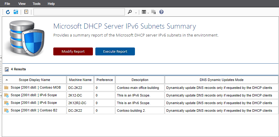 Screenshot of the DHCP IPv6 subnets summary report in the XIA Configuration web interface