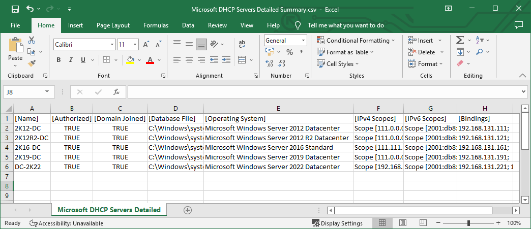 Screenshot of the DHCP servers detailed summary report exported to CSV and opened in Excel