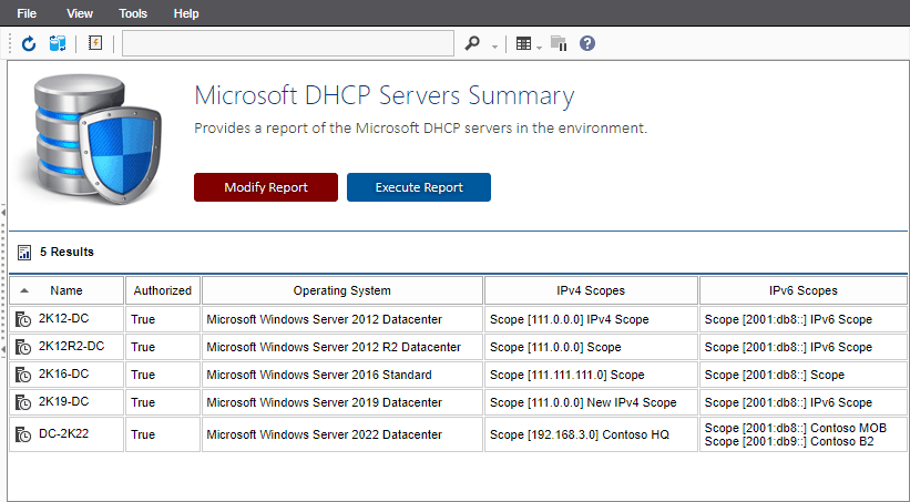 Screenshot of the DHCP servers summary report in the XIA Configuration web interface