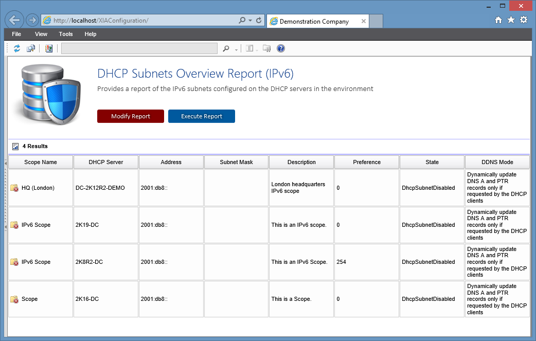 Screenshot of the DHCP subnets overview report (IPv6) in the XIA Configuration web interface