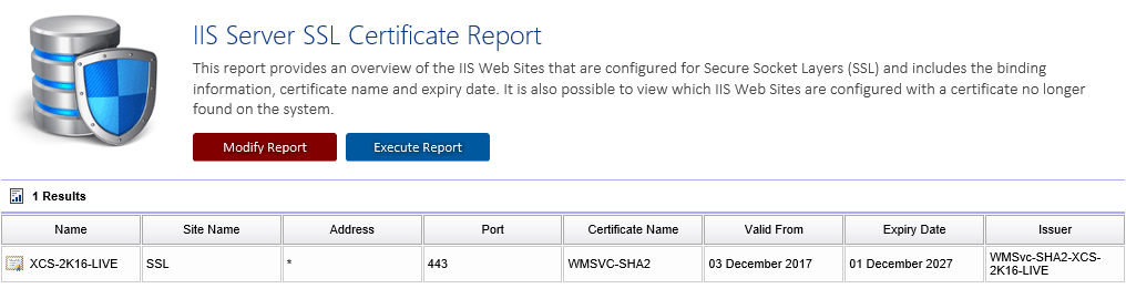 Screenshot of the IIS server SSL certificate report in the XIA Configuration web interface