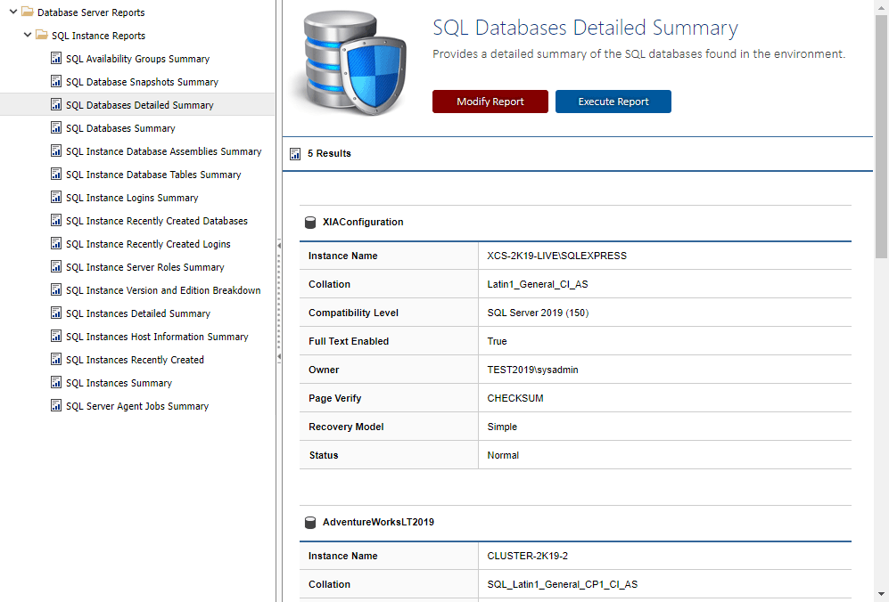 Screenshot of the SQL Databases Detailed Summary report in the XIA Configuration web interface