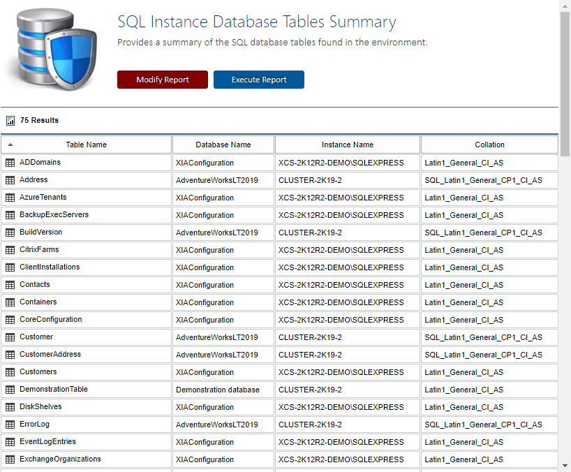 Screenshot of the SQL Instance Database Tables Summary report in the XIA Configuration web interface