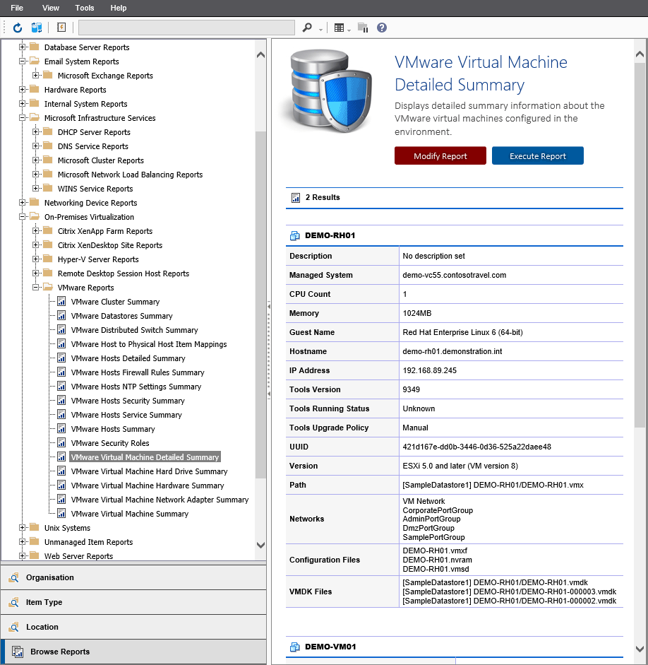 Screenshot of the virtual machines detailed summary report output in the XIA Configuration web interface