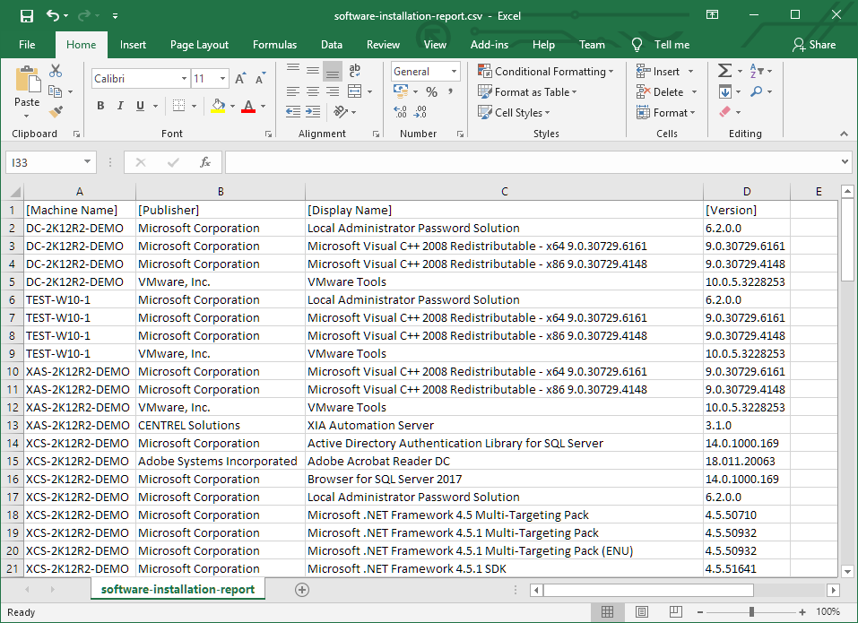 Screenshot of the software installation report exported to CSV and opened in Excel