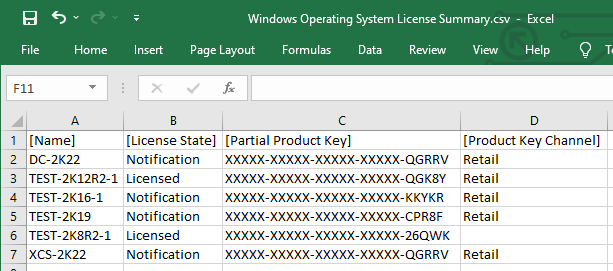 Screenshot of the software installation report exported to CSV and opened in Excel