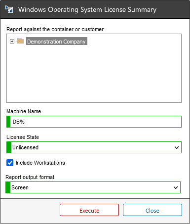 A screenshot showing the filters for the Windows operating system license report