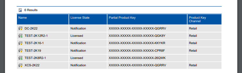 Screenshot of the Windows operating system license report results in a PDF generated by XIA Configuration