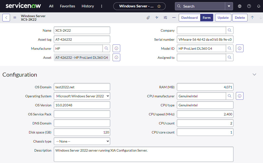 Screenshot of a Windows server item in ServiceNow that was created by XIA Configuration