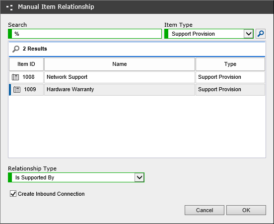Screenshot of a support provision being assigned to an item
