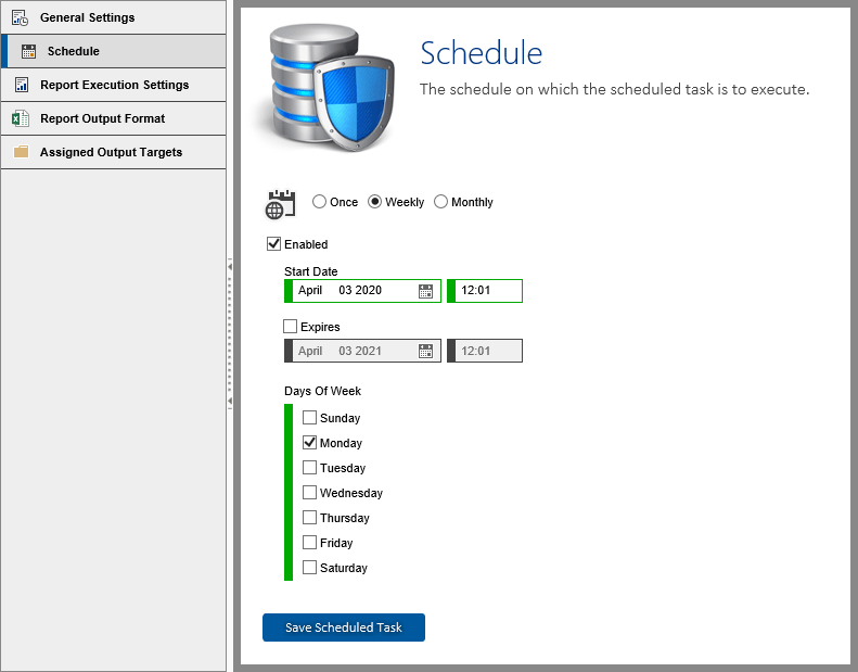 A task schedule in the XIA Configuration web interface