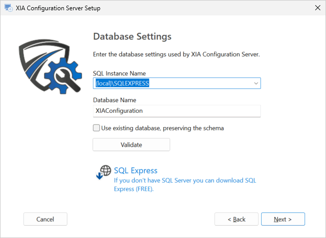 Screenshot of the XIA Configuration Server installer database settings