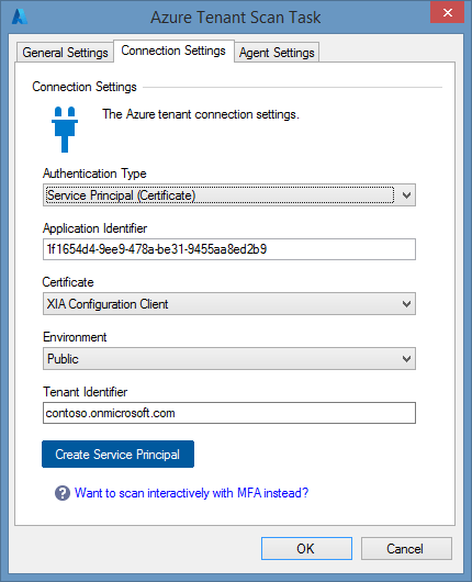 Screenshot of a Microsoft Azure Tenant scan task in XIA Configuration