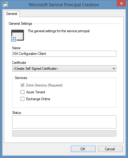 Screenshot of the Microsoft Service Principal creation tool in XIA Configuration