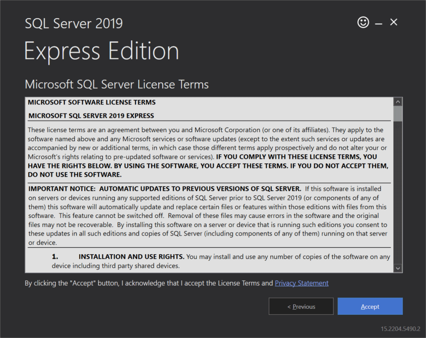 Screenshot of SQL Express 2019 Installer Accept License Terms step